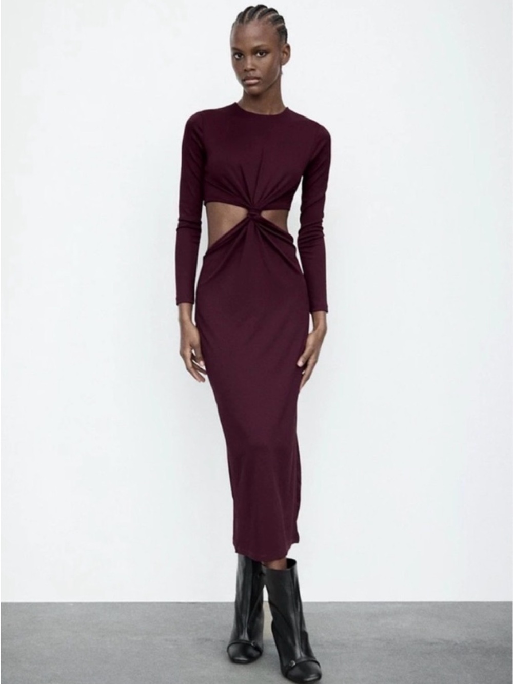 Zara Twist Cutout Long-Sleeve Midi Dress in Burgundy